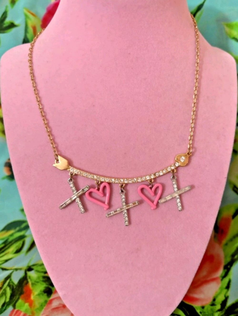 Betsey Johnson Gold-Tone Necklace with Pink Heart & Crystal X Charms